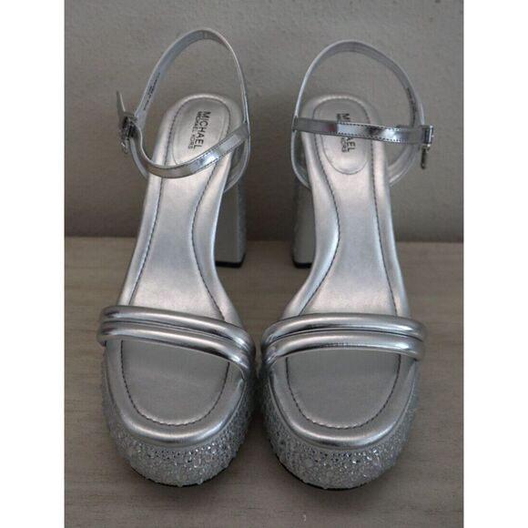 Michael Kors Women Sz 8.5M Silver Metallic Embellished Laci Platform Sandals - Picture 9 of 11